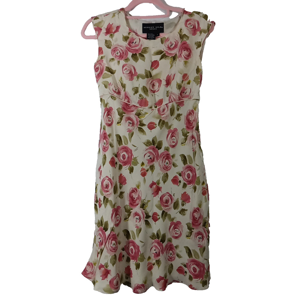 August Silk Dress Pink Green Floral 100% Silk Scoop Neck Size 4, Silk sheath
